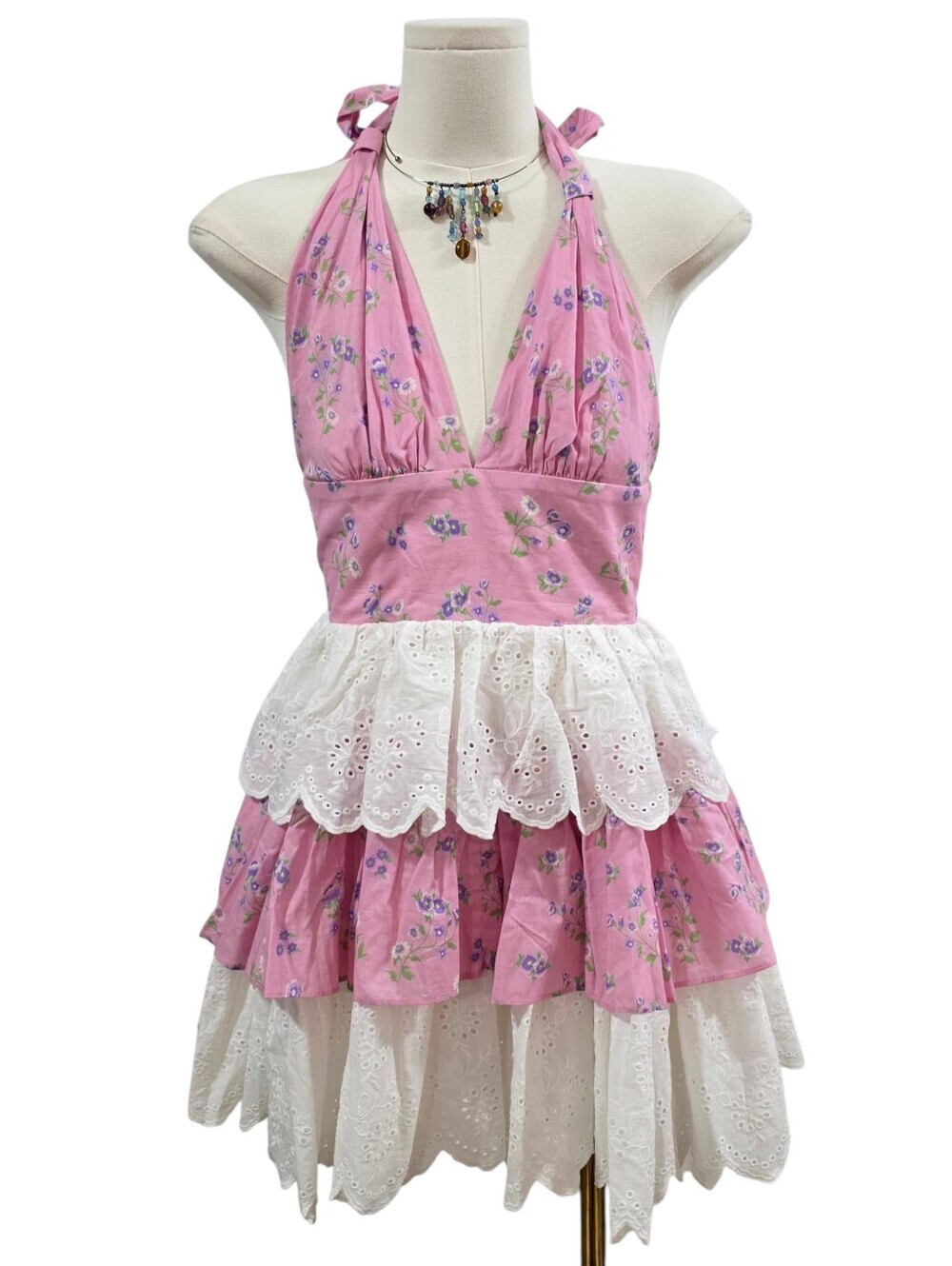 Dolls Kill Sugar Thrillz pink and white layered eyelet halter dress